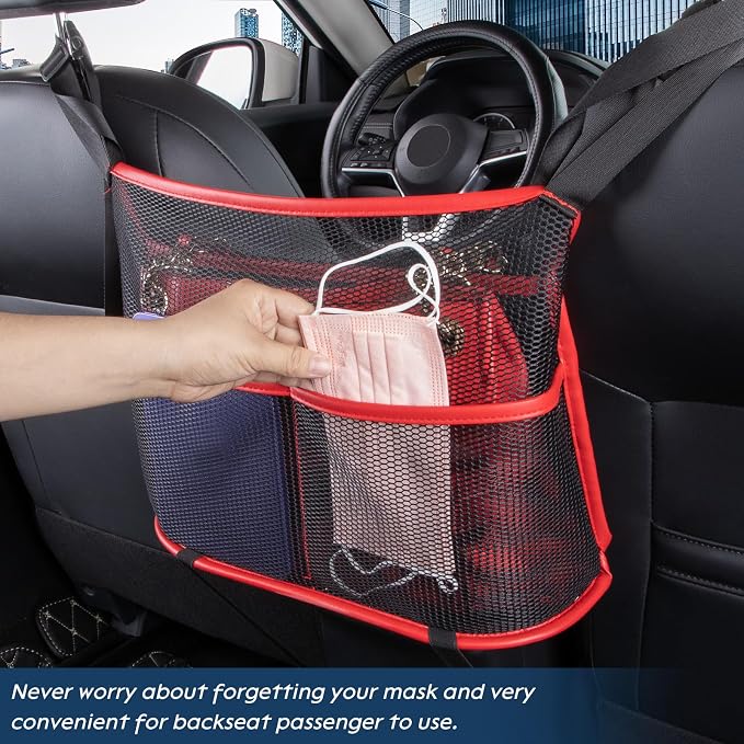 Car Seat Organizer Seat Back Storage Bag, Car Net Pocket Handbag Holder, Barrier of Backseat Dog Pet Kids for Car, Automotive Consoles Purse Holder, Black+Red Line