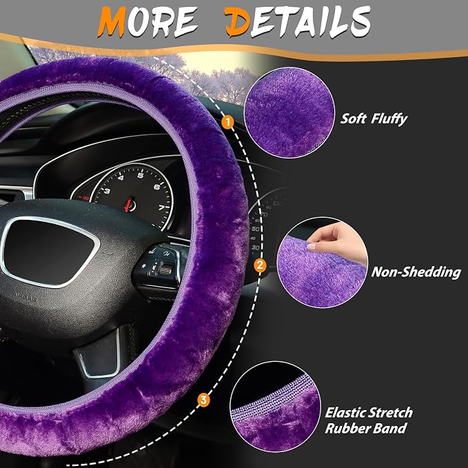 Purple Elastic Fuzzy Steering Wheel Cover, Microfiber Plush Steering Wheel Cover for Woman Girl,Winter Warm, Universal 15 inch