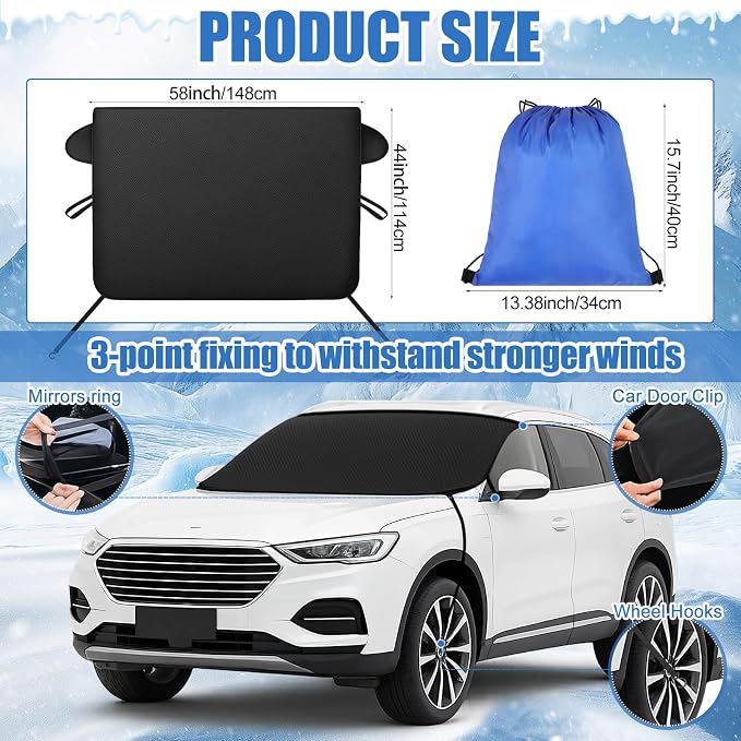 Canchiing Windshield Cover for Ice and Snow Kit Winter Car Essentials 600d Oxford Snow Cover with Ice Scraper Brush Storage Bag Winter Car Accessories Frost Hail Protector for Sedan Truck SUV and Mpv