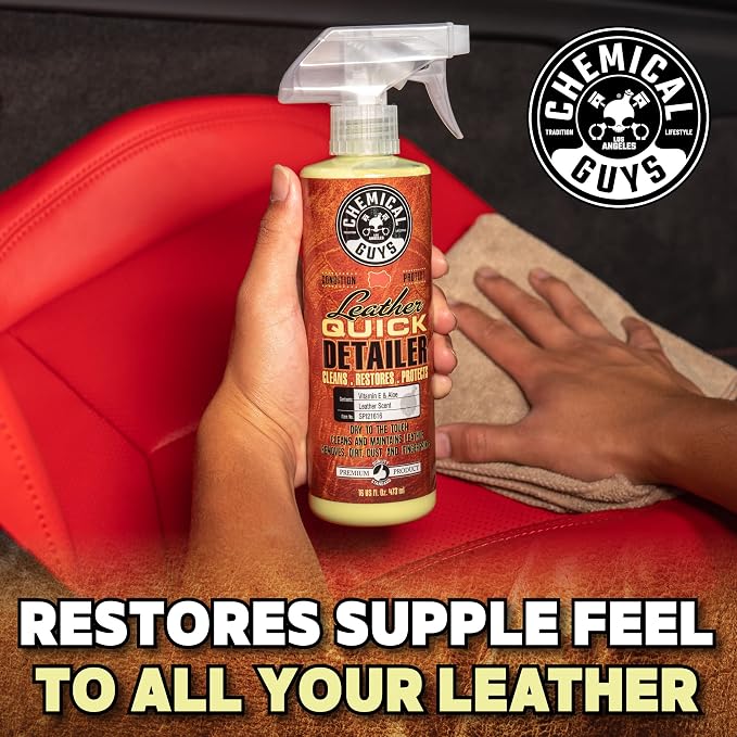Leather Quick Detailer - Interior Cleaner and Conditioner for Natural, Synthetic, Pleather, and More, Safe for Car Seats, Furniture, Apparel, Shoes & Boots, Leather Scented - 16 fl oz
