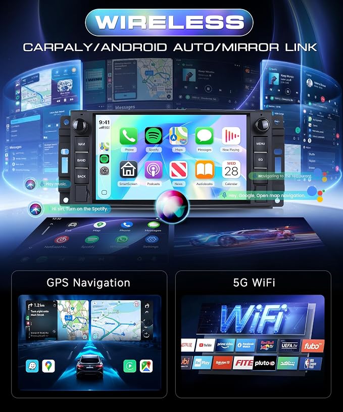 7" Car Stereo Radio for Jeep Wrangler 2007-2015 4G+64G | Wireless CarPlay Android Auto, GPS, 5GHz WiFi, FM/RDS, SWC, Backup Camera for Grand Cherokee 2005-2011 Dodge Ram 1500 2500