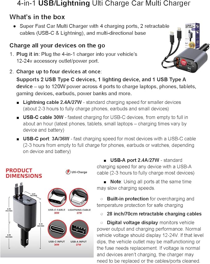 Ulti Charge iPhone Car Charger USB C Fast Charge Charging Retractable Car Charger Auto Adapter, Powerful 120W 4-Port USB-C & USB-A and Lightning iPhone, Samsung, Tablets USBC Charger Block