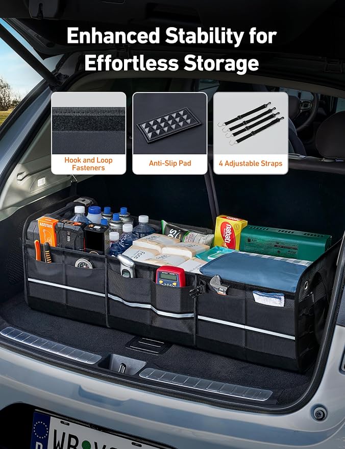 Car Trunk Organizer Storage Large for SUV, Truck, Pickup, Collapsible Trunk Organizer Portable Storage Box with Cooler Bag, Foldable Cover, Nylon Handles, PU Bottom and PE Plate
