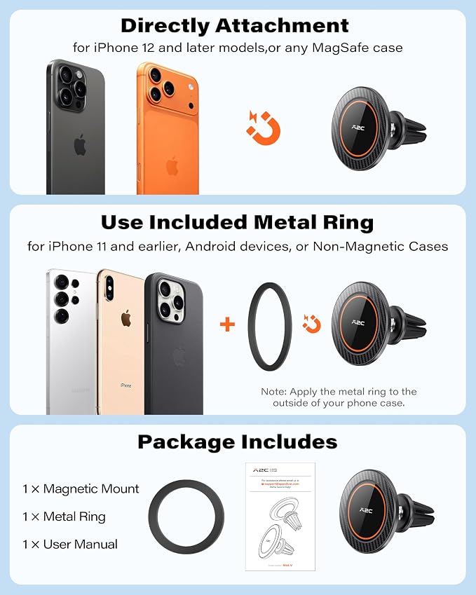 A2C for MagSafe Car Mount, [One-Piece] [17 N54] Magnetic Car Phone Holder for Air Vent, Silicone-Coated Metal Clips, No Assembly One-Hand Operation, 360°Adjustable Car Mount for Magsafe iPhone