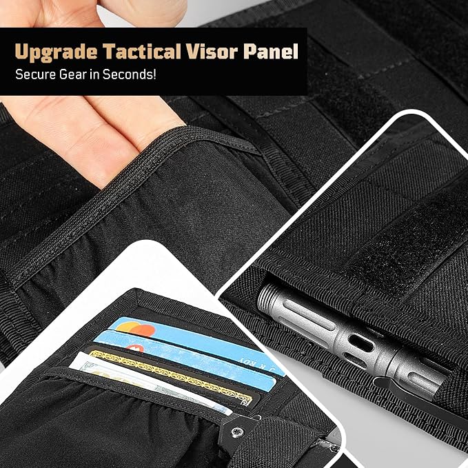 Tactical MOLLE Sun Visor Organizer - Multi Pockets Car Visor Panel with Zipper Pouch, Detachable Photo/Info Panel & Glasses Clip for EDC Gear