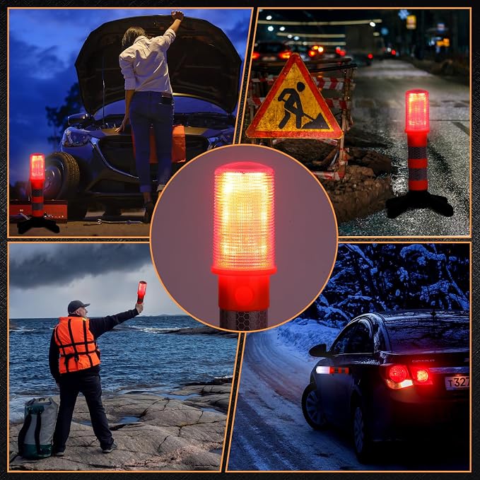 8 Pack Road Flares Emergency Kit LED Roadside Warning Lights Bright Red Highway Flares Lights for Vehicles Road Safety Strobe with Magnetic Bases Detachable Stands Storage for Car Truck