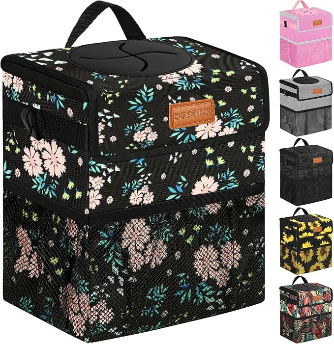 Car Trash Can Bin for Back Seat Leak Proof, Cute Car Trash Bag Hanging, Vehicle Trash Can for SUV Truck Van, Automotive Garbage Cans Front Seat Colorful Floral, 2 Gallons