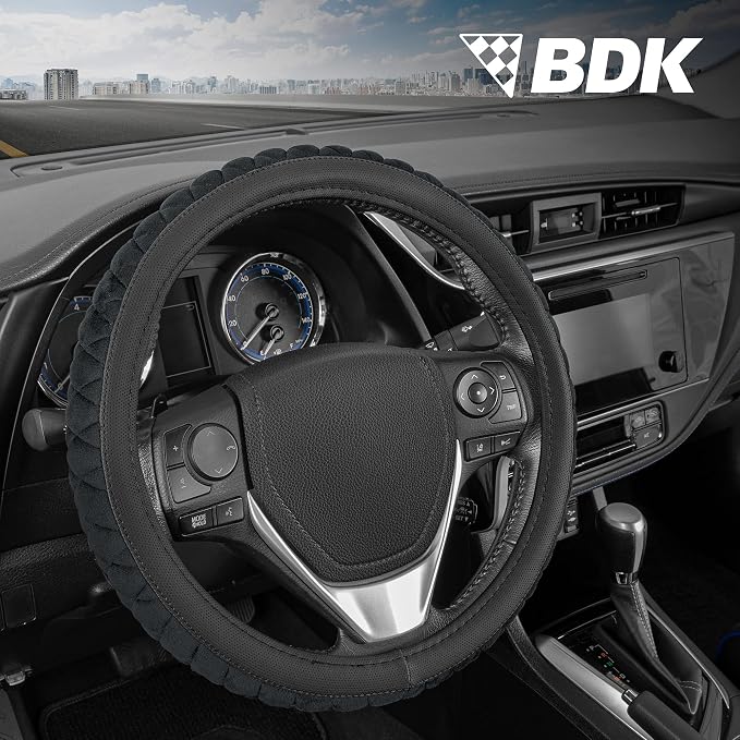 GripTech Plush Fuzzy Steering Wheel Cover for Car Truck Van SUV, Standard 15 inch Size, Soft Black Fluffy Exterior, Comfortable Ergonomic Car Steering Wheel Cover