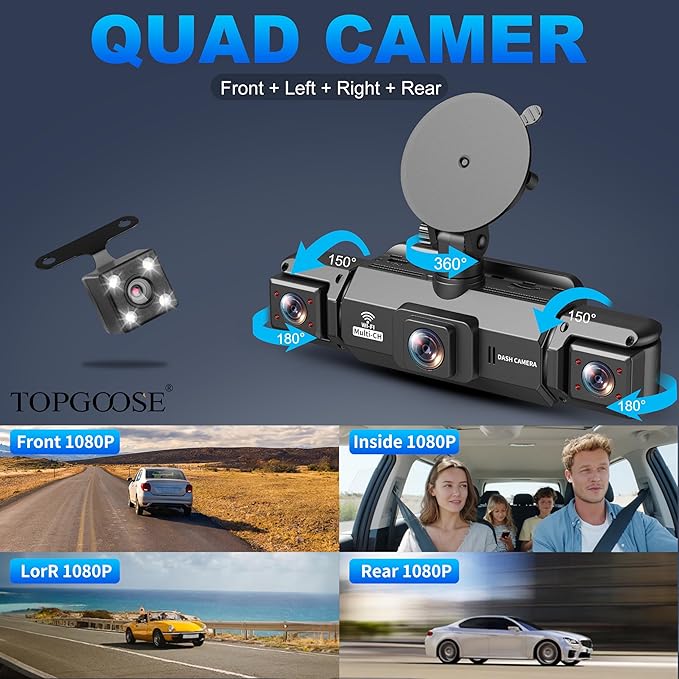 360° Dash Cam 4 Channel 5G WiFi & APP Control, Free 64GB Card, 2K FHD Front and Rear Inside, Left Right Dash Camera for Cars, G-Sensor, Loop Recording, 24H Parking Mode