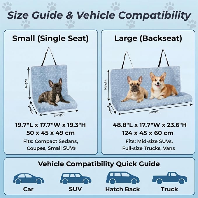 Premium Cooling Dog Car Seat Mat for Medium-to-Large Dogs, Breathable Dog Car Mat for Back Seat Travel, Cool-to-Touch Washable Pet Travel Lounge with Supportive Bolster
