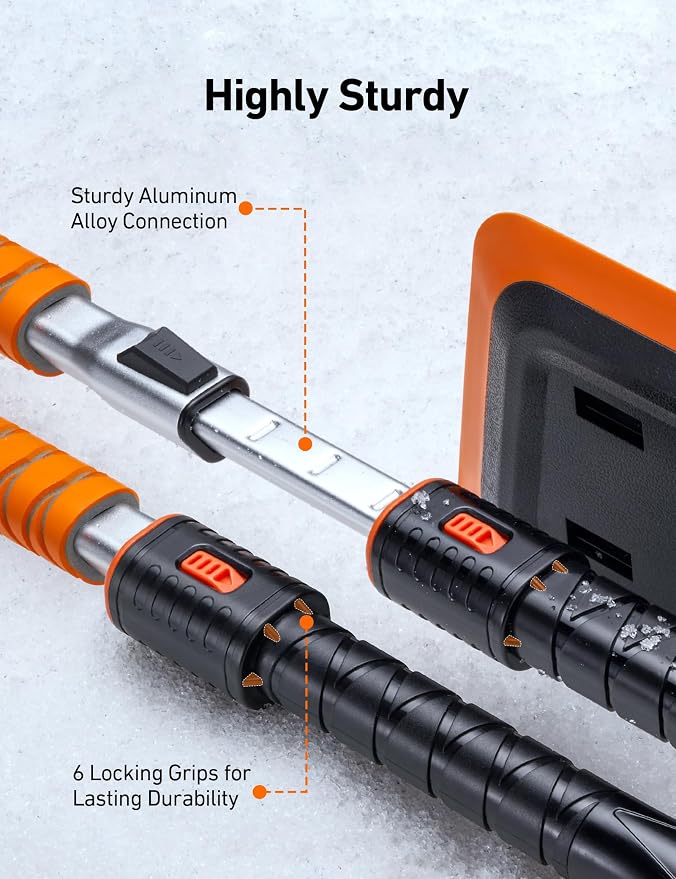 47.2 Inch 2-in-1 Snow Brush for Car Snow Broom and Detachable Ice Scraper with Non-Abrasive Silicone Head for Cars, Trucks, SUVs（Orange-Black）