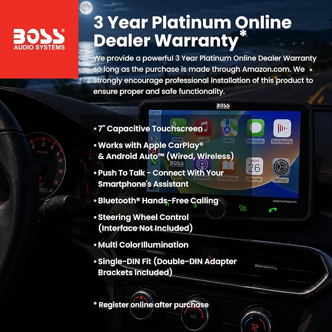 BVCP9700A-FL Single DIN Car Stereo Wireless Apple CarPlay, Android Auto, 7 Inch Touchscreen, Bluetooth, AM/FM Radio Receiver