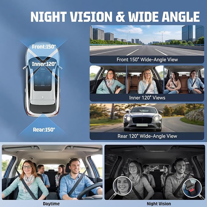 5-Lens Dash Cam for car 360°Wide Angle 3.16 Inch 1080P Dash Camera with Loop Recording Reversing Assistant 24-H Monitoring Easy Installation
