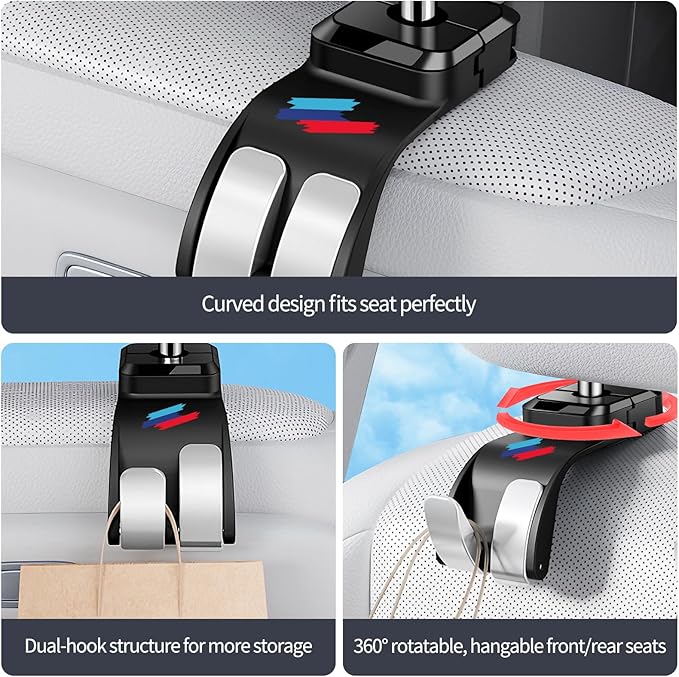 2 PCS Car Headrest Hook Safe Foldable Hidden Seat Hooks, Strong Load Capacity ABS Seat Hanger for Purse Bag Bottle Storage Organizer, for BMW 3 4 5 X1 X3 X5 Accessories with Sporty 3-Color Logo