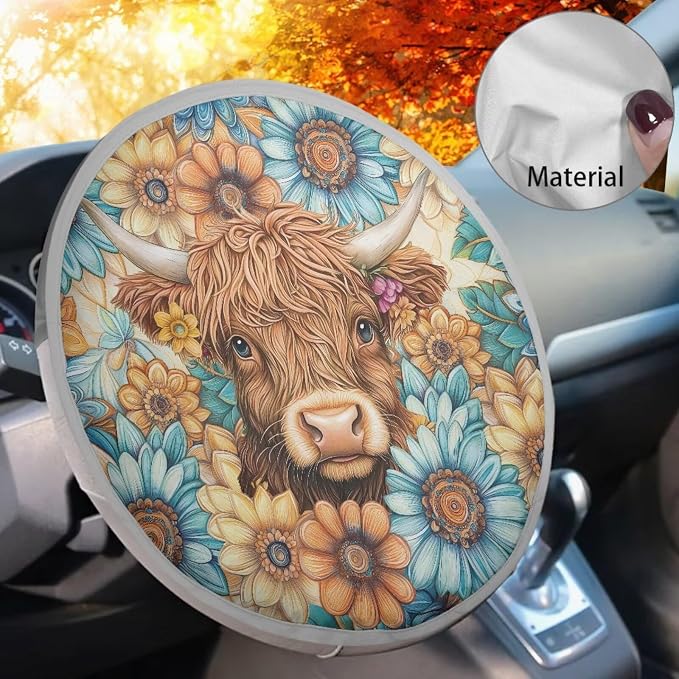 Boho Car Steering Wheel Sunshade Protector, Heat-Resist Cloth Steering Wheel Cover for Most of Car SUV Truck Van, Highland Cow