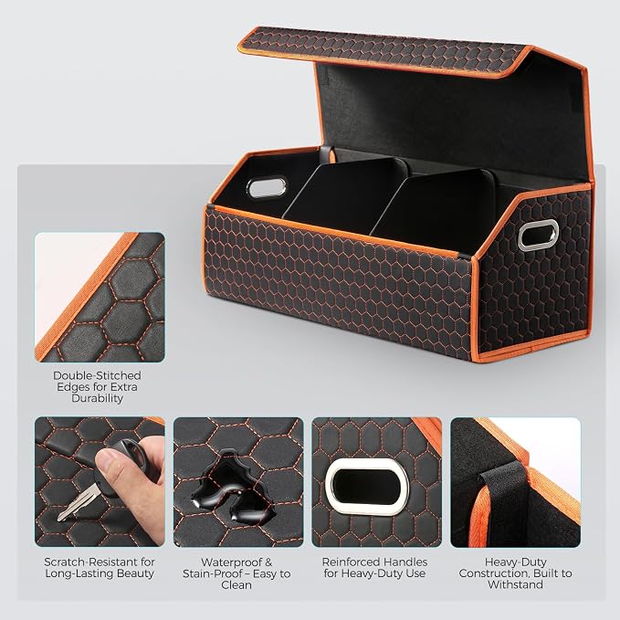Car Trunk Organizer for SUV and Sedan, Orange-Honeycomb, 29.5 in | Honeycomb Textured Exterior, Extra‑Large, Premium Leather, Magnetic Lid, Collapsible & Adjustable, Water‑Resist & Dust‑Proof