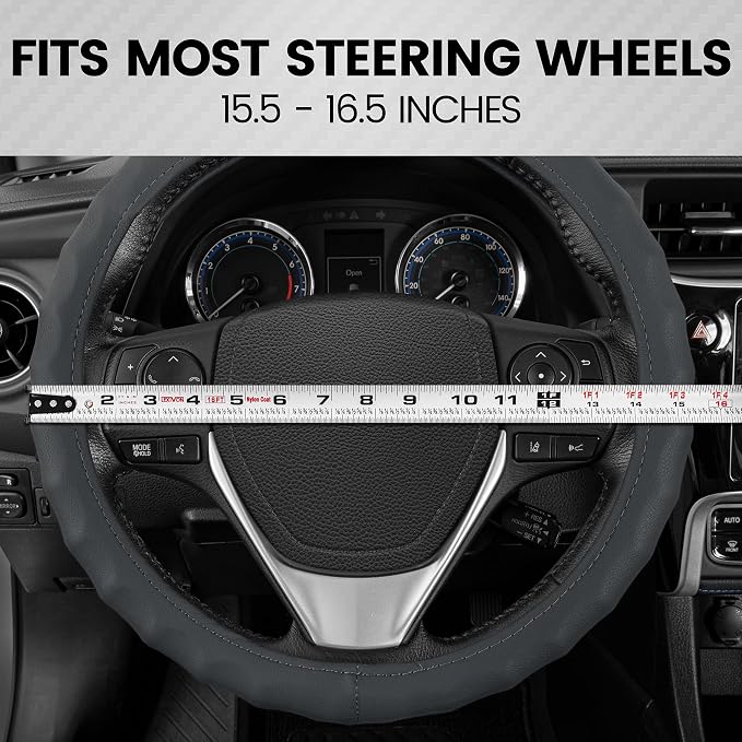 Genuine Gray Leather Steering Wheel Cover for Car, Large 15.5-16 inch – Ergonomic Comfort Grip for Men & Women, Car Steering Wheel Cover for Vehicles with Large Steering Wheels