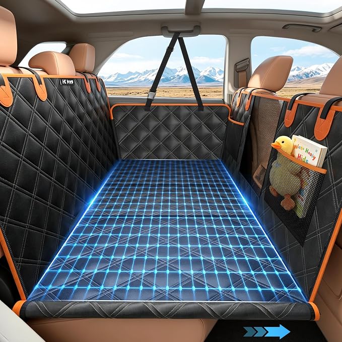 Back Seat Extender for Dogs, Hard Bottom Dog Car Seat Cover for Back Seat Waterproof with Mesh Window and Storage Pocket, Dog Hammock for Cars & SUVs