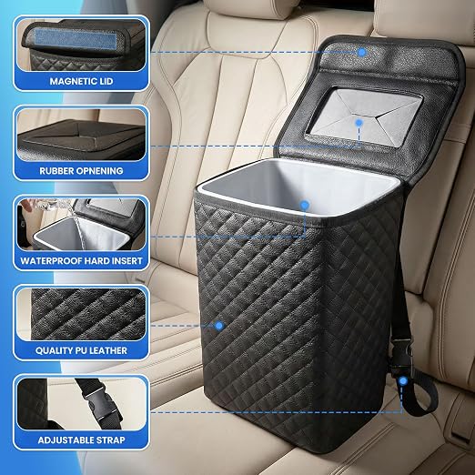Car Trash Can with Lid, Leather Garbage Can, Leakproof and Removable Interior Liner, Multipurpose Hanging Garbage Bin with Quick Access Magnetic Opening, Trash Bin for Car (2 Gallon/7.5L)