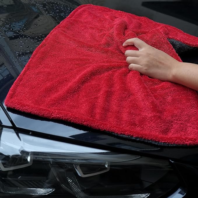 1000GSM Car Drying Towel 18"x24", Edgeless Double Twist Pile, Ultra Absorbent Microfiber Towel, Scratch-Free Lint-Free Streak-Free for Auto Detailing & Car Wash – Red&Grey