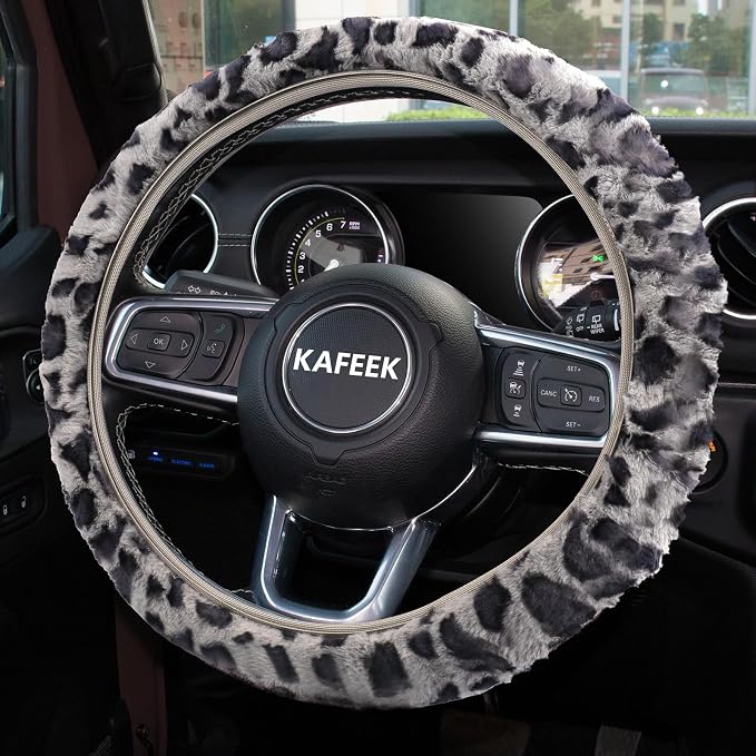 Elastic Long Microfiber Plush Steering Wheel Cover for Winter Warm, Universal 15 inch, Anti-Slip, Odorless, Leopard Gray
