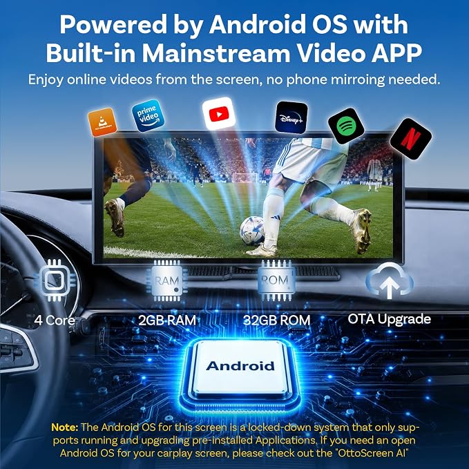 OTTOCAST 11.4" Carplay Screen for car with Netflix YouTube and Backup Camera for iPhone(iOS 8+), Android Auto(Android 10+), Built-in Apps, Navigation, Android 13 OS
