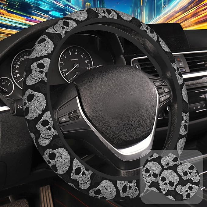 Floral Skull Steering Wheel Cover with 2 Pcs Car Coasters Neoprene Steering Wheel Cover for Women Men Anti-Slip Breathable Car Accessories Universal 15 Inch Fit Auto Cars Trucks