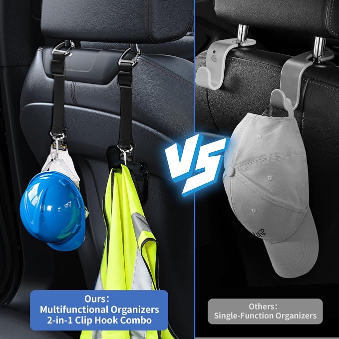 Purse Hook for Car, Adjustable Headrest Hooks & Hat Clip (4 Pack) | 100 LBS Heavy Duty | Metal Construction | Anti-Slip Clip | Tool-Free Install | All Vehicle Fit | Drivers Crews Families