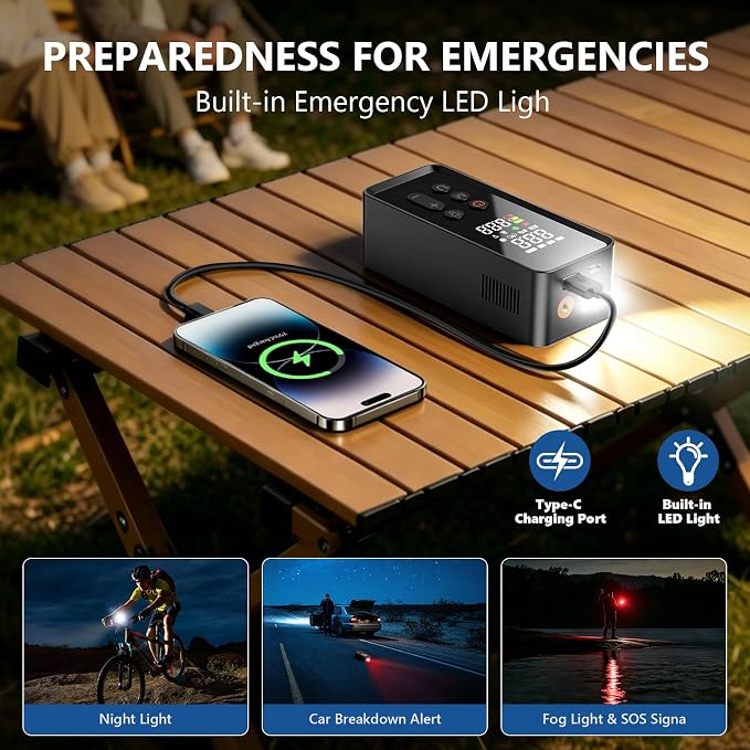 Tire Inflator Portable Air Compressor, 150PSI Cordless Air Pump for Car Tires with Digital Dual Values Display, Auto Shut Off & LED Emergency Light, Smart Air Pump for Car, Motorcycle, Bike, Ball