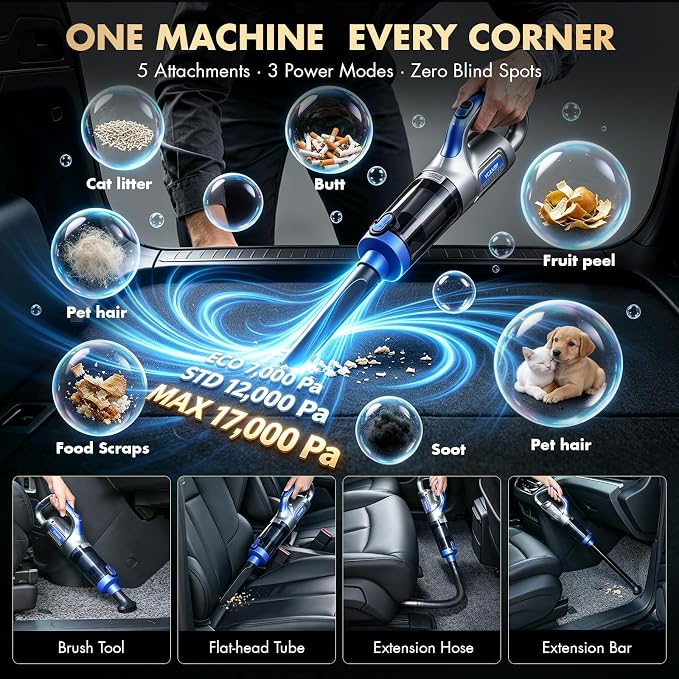 29PCS Car Cleaning Kit Interior Detailing for Men Women（Blue） | 17000PA High Power Handheld Cordless Car Vacuum Rechargeable, Detailing Brush Set, Windshield Cleaner Tool, Tire Brush