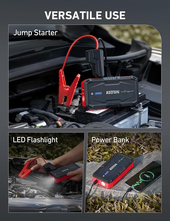 S8 Car Battery Jump Starter, Car Jumper Starter Battery Pack for Up to 6.0L Gas & 3.0L Diesel Engines, 12V Portable Jump Box with 3 Modes Flashlight and Jumper Cable (Red)