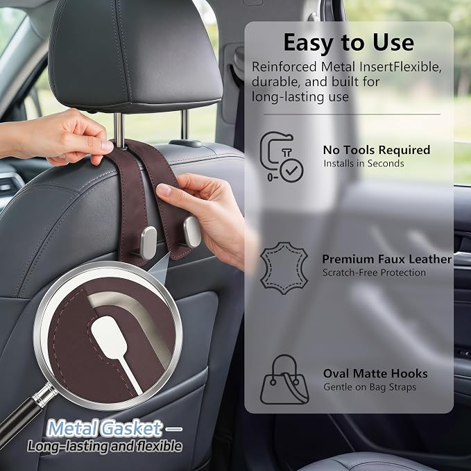Car Seat Headrest Hooks for Purses & Shopping Bags, 2 Pack Suede Car Purse Hook, Double Hooks Secure Bags While Driving, Elegant & Durable, Simple to Install, Fits Handbags, Grocery Bags, Bottles.