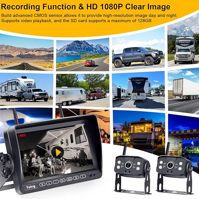 RV Backup Camera Wireless Recording 2 Cameras - Plug and Play Pre-Wired for Furrion System Night Vision 4 Channels HD 1080P 7'' Touch Key Monitor Rear View Camera for Trailer/Trucks/Camper Y28