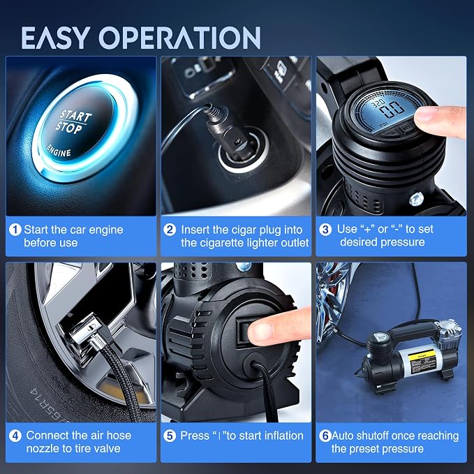 Portable Air Compressor Tire Inflator 12V Heavy Duty 120PSI Metal Pump Double Cylinder Digital Pressure Fast Inflate Auto Shutoff for Car SUV Motorcycle