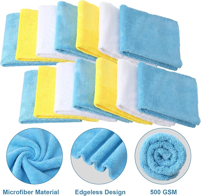 30 Pcs 16 x 16 Inch edgeless Microfiber Plush Towels for Cars Detailing Drying Wash Polishing Absorbent Cleaning Cloths, 500 GSM (Light Blue, White, Yellow)