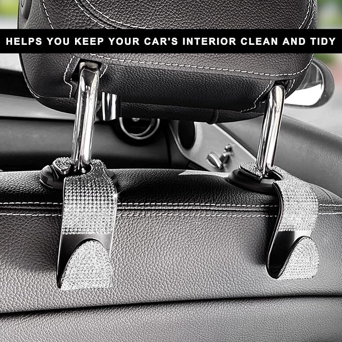 4 PCS Car Seat Headrest Hooks, Bling Crystal Rhinestone Back Seat Hanger Storage Organizer, Sparkly Seatback Holder Hooks for Purse and Bags Universal For Most Vehicles (Silver)