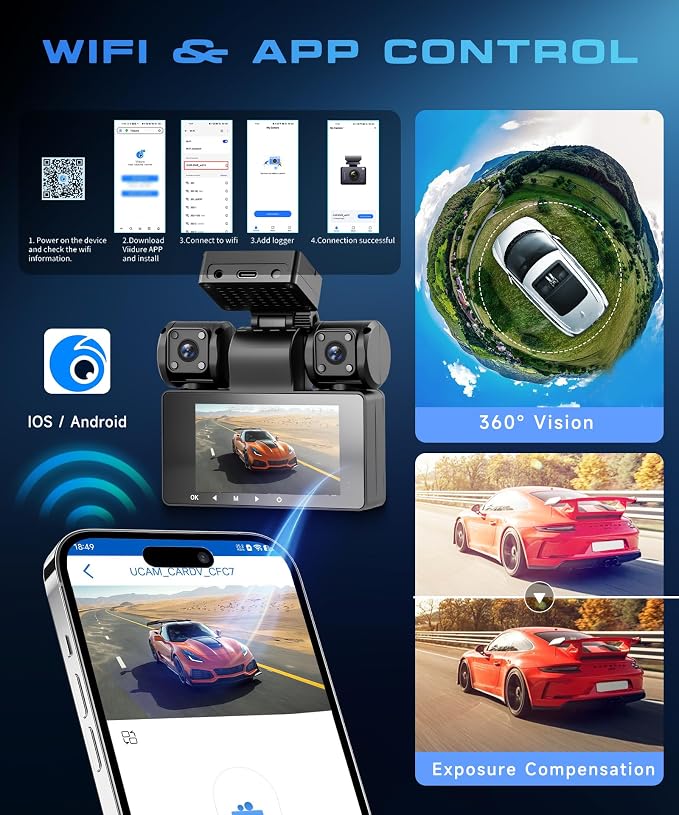 4 Channel 360° Dash Cam, 2K Front 1080P Rear Left Right, 3" IPS Screen, 5G WiFi APP Control, 8 IR Night Vision, G-Sensor, Loop Recording, 24/7 Parking Monitoring for Cars, Trucks, SUVs