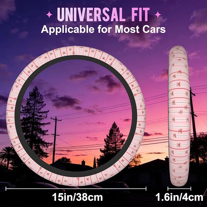 Pink Bows on Stripes Steering Wheel Cover for Women Men Neoprene Breathable Wheel Cover Protector Anti-Slip Car Accessories Universal 15 Inch Fit for Cars Trucks Vehicles