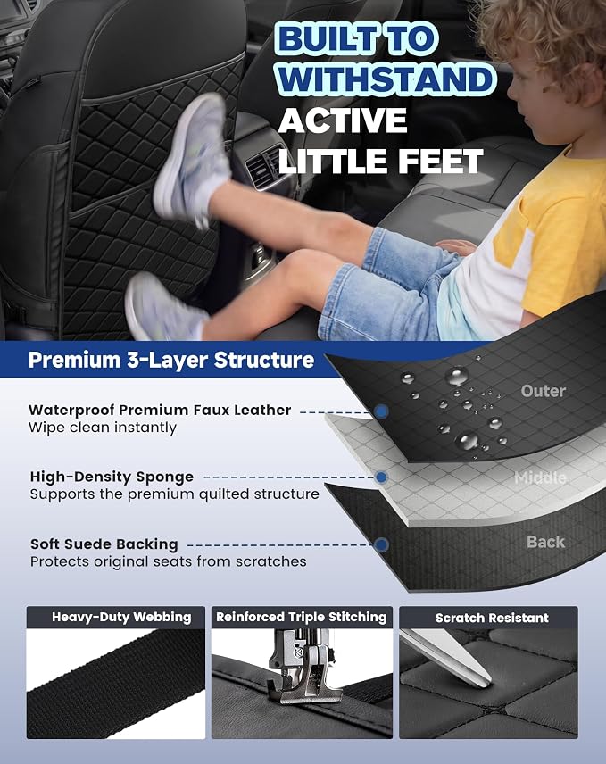 Seat Back Protectors for Kids, Car Kick Mats for Front Seats (Black) | With Large Pocket Organizer, Waterproof, Protects Against Dirt, Scuffs & Scratches, Fits Most Vehicles, 2PCS