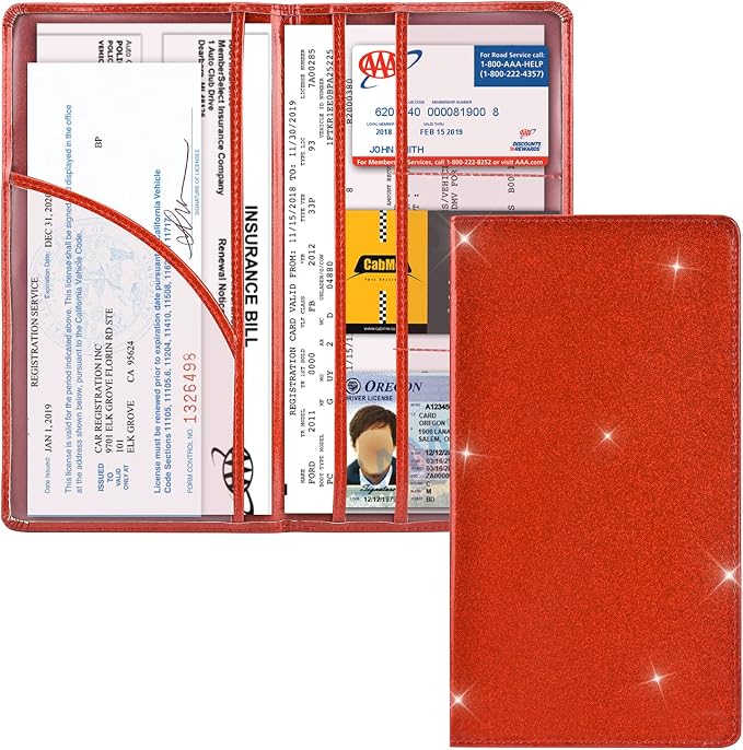 Car Registration and Insurance Holder, Vehicle Glove Box Car Organizer Men Women Wallet Accessories Case with Magnetic Shut for Cards, Essential Document, Driver License, Bling Red