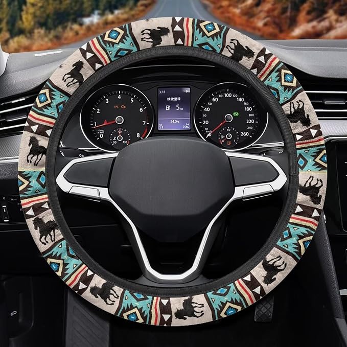 Aztec Horse Blue Car Steering Wheel Cover Universal 15 Inch Steering Wheel Wrap Anti-Slip Soft Elastic Decorative Auto Accessories All Weather Protection