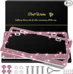 2 Pack Bling License Plate Frames for Women, Sparkly Rhinestone Diamond Car Accessories with Glitter Crystal Caps (Dark Pink)