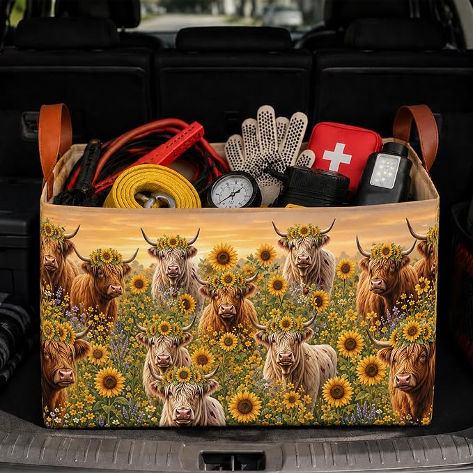 Highland Cow Car Trunk Organizer, 20L Collapsible Auto Storage Basket with Handles, Waterproof Reusable Shopping Grocery Bags for SUV, Truck,Cow Cars Boot Organizer Gifts for Women Men Drivers