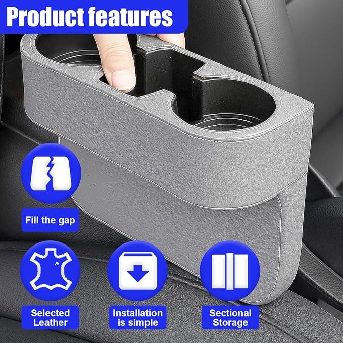 YoRise Car Cup Holder, PU Leather Automotive Cup Drink Holder, Car Seat Gap Filler Storage Box, Multifunctional Front Seat Organizer, Cell Mobile Phone Holder, Coin Bucket (Gray)
