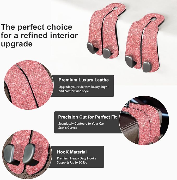 CoBak Purse Hook for Car - Universal Premium Stitched Leather and Aluminum-Magnesium Alloy Double Car Seat Back Storage Hook for Purses, Handbags, Bags (2 Pack),Fuchsia Glitter