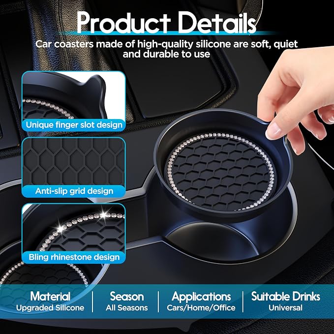 Car Cup Coaster Universal Non-Slip Cup Holders Bling Crystal Rhinestone Car Interior Accessories 2 Pack Black