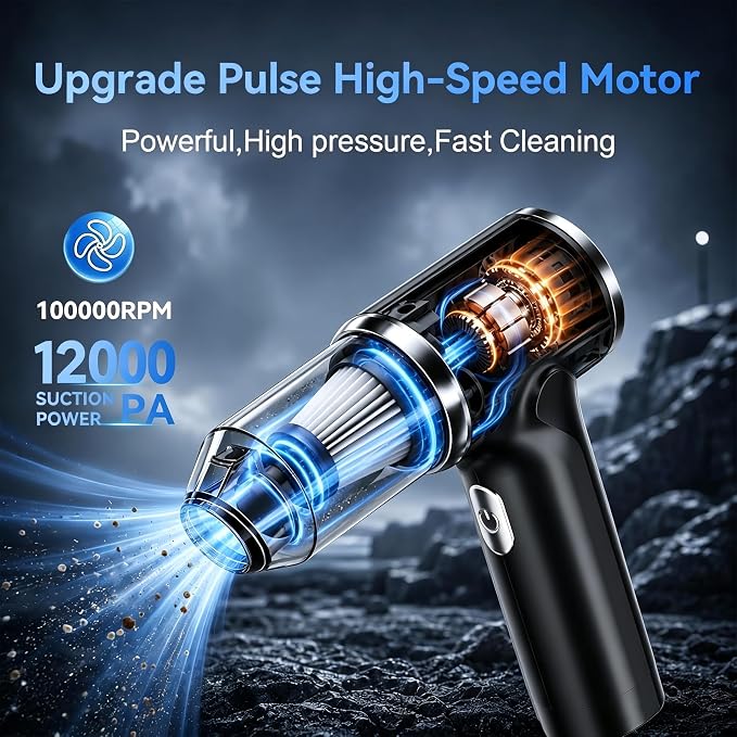 Handheld Vacuum Cordless 12000PA Real Strong Suction,Portable Small Car Vacuum Cleaner with 4 Modes & 4000mAh Rechargeable Battery,3 Filter,7-in-1 Cleaning Kit for Home Office Car Pet (Black)