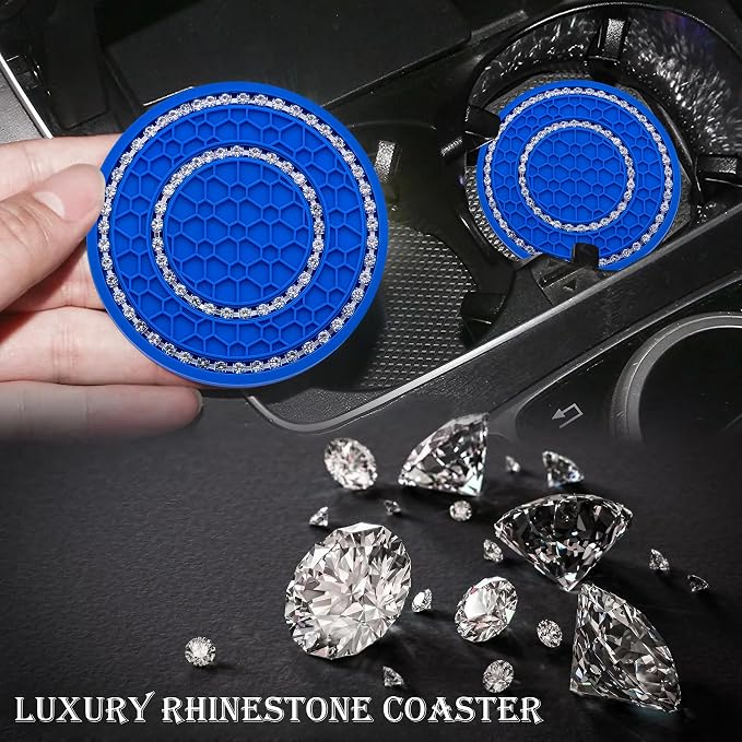 4PCS Bling Crystal Rhinestone Cup Holder Coaster, 2.75 inch Soft Silicone Anti-Slip Shockproof, Car Cup Holder Insert Coasters, Universal Car Interior Accessories for Women (Deep Blue & White)