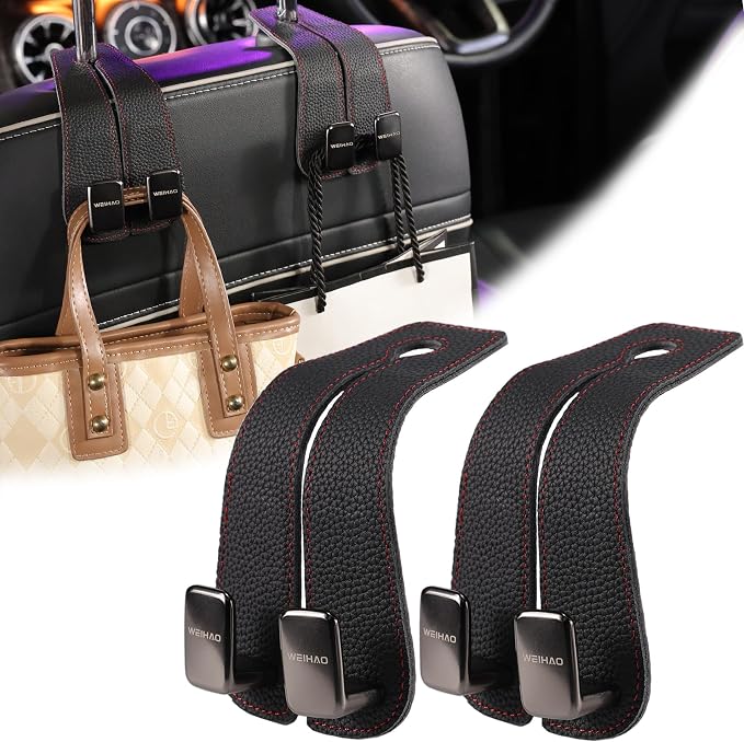 Car Purse Hook, Genuine Leather Car Seat Back Storage Hook, Purse Hook for Car Headrest, Twin Hook Leather Car Headrest Hangers, Bag Hook for Car, Trucks, SUVs, Most Vehicles (Black-2 PCS)