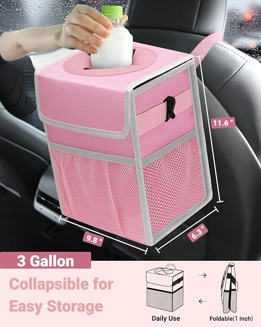 Car Trash Can with Lid, Leakproof Car Trash Bag Hanging Waterproof Automotive Garbage Can with Storage Pockets Mini Vehicle Trash Bin for Back/Front Seat(Pink,3 Gallon)